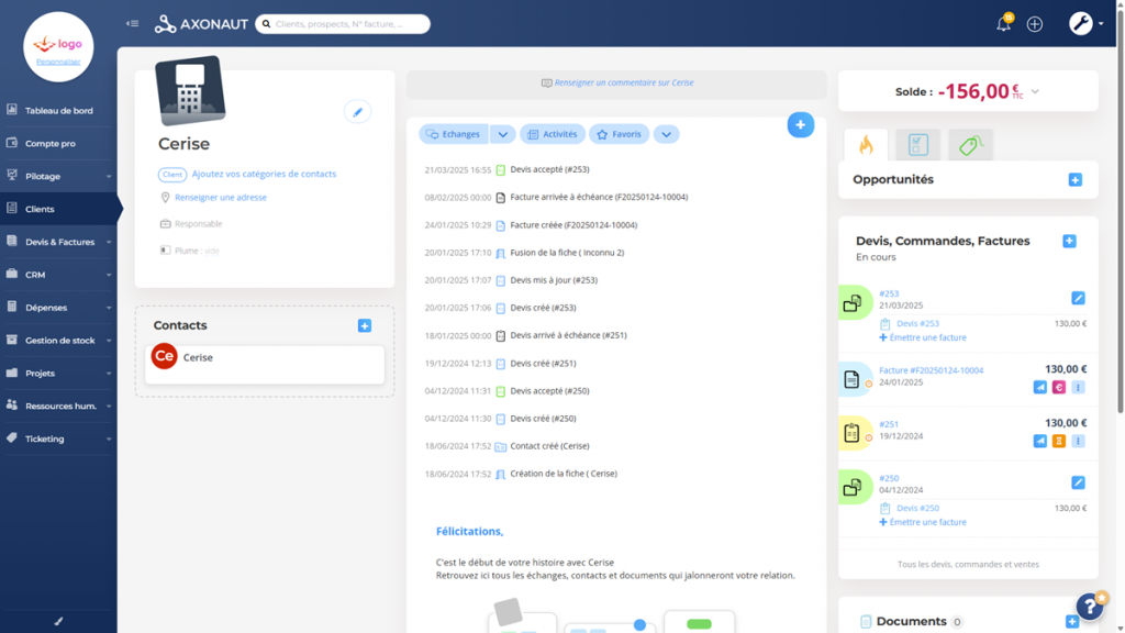 CRM avec fiche client sur Axonaut avec devis et factures électronique
