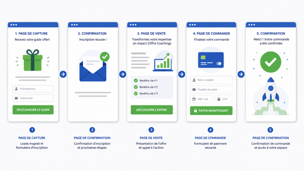 Exemple de Tunnel de vente pour coach :
Page de capture, confirmation, page de vente, page de commande, confirmation de commande
