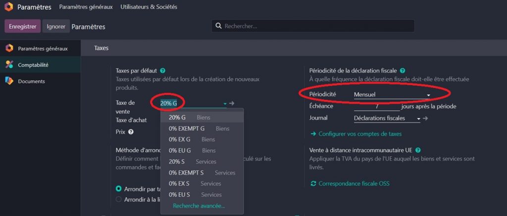 Odoo réglage des paramètre  comptabilité des taxes pour les auto-entrepreneur : Exemption de TVA et Mensuel ou trimestriel