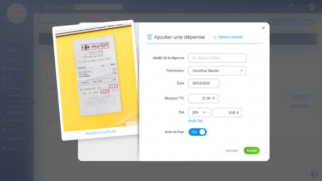 Screenshot : Justificatif de dépense avec Axonaut. OCR avec photo de ticket facture carrefour market